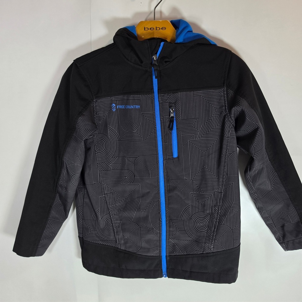 Free Country Boys Softshell Jacket Hooded Size 7/8 L Gray Black Blue Windbreaker